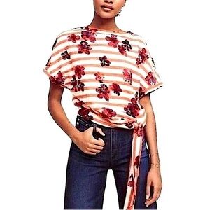 Anthropologie Red and White Striped Floral Top